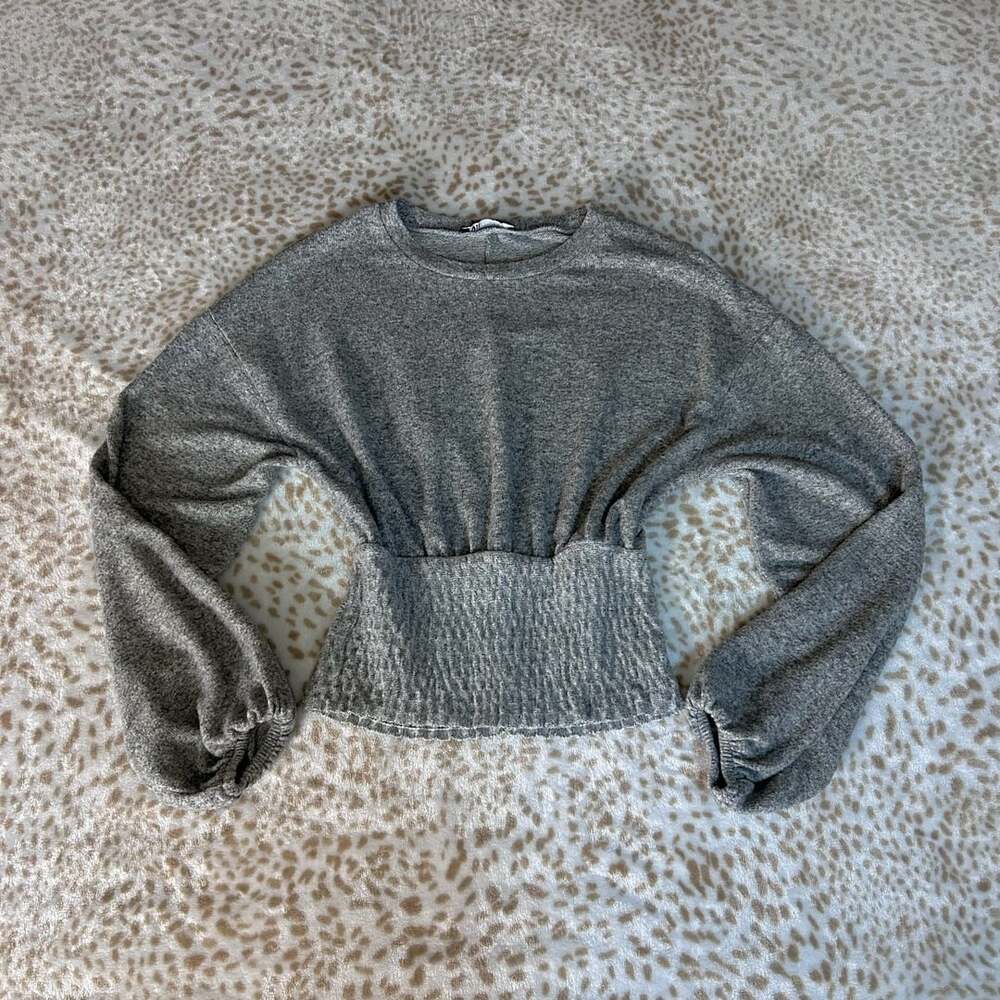 Zara Gray Bubble Sleeve Top Size S Smocked Waist Sweater